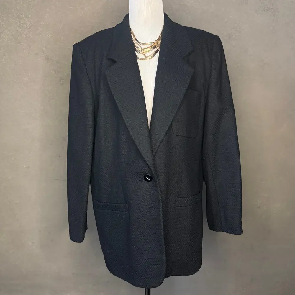 Vintage Lord & Taylor Black Textured Wool Blazer 90s Power Suit Jacket 16W